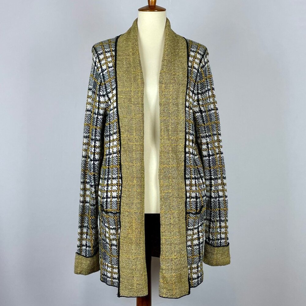 Vtg Ruby Rd Open Front Cardigan Sz L Shawl Collar Plaid Academia Grunge USA Made